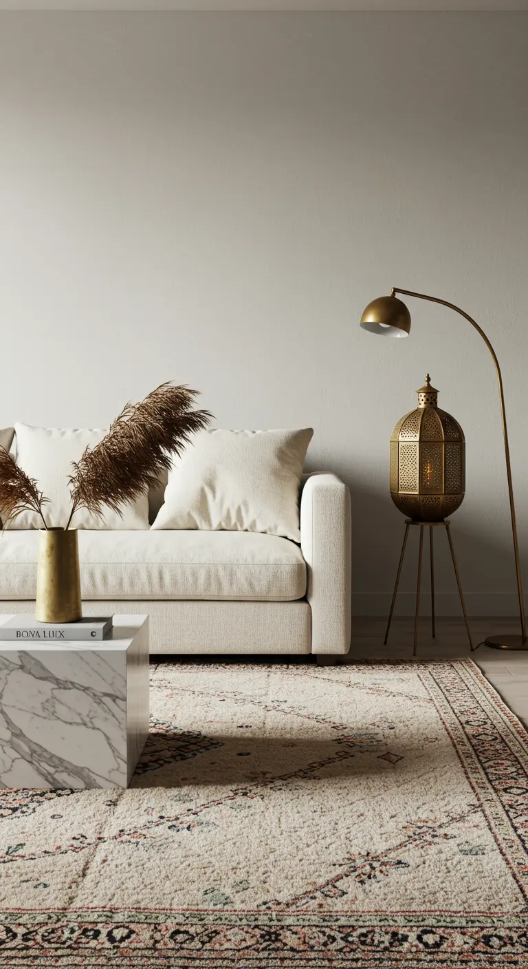 A minimalist living room with a white sofa, marble table, and a single Moroccan lantern floor lamp.