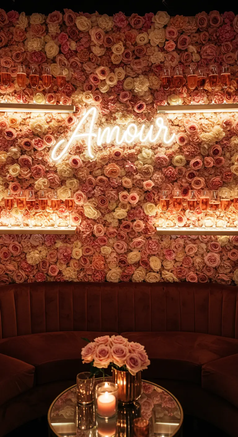 A blush rose wall with a neon 'Amour' sign and shelves of champagne.