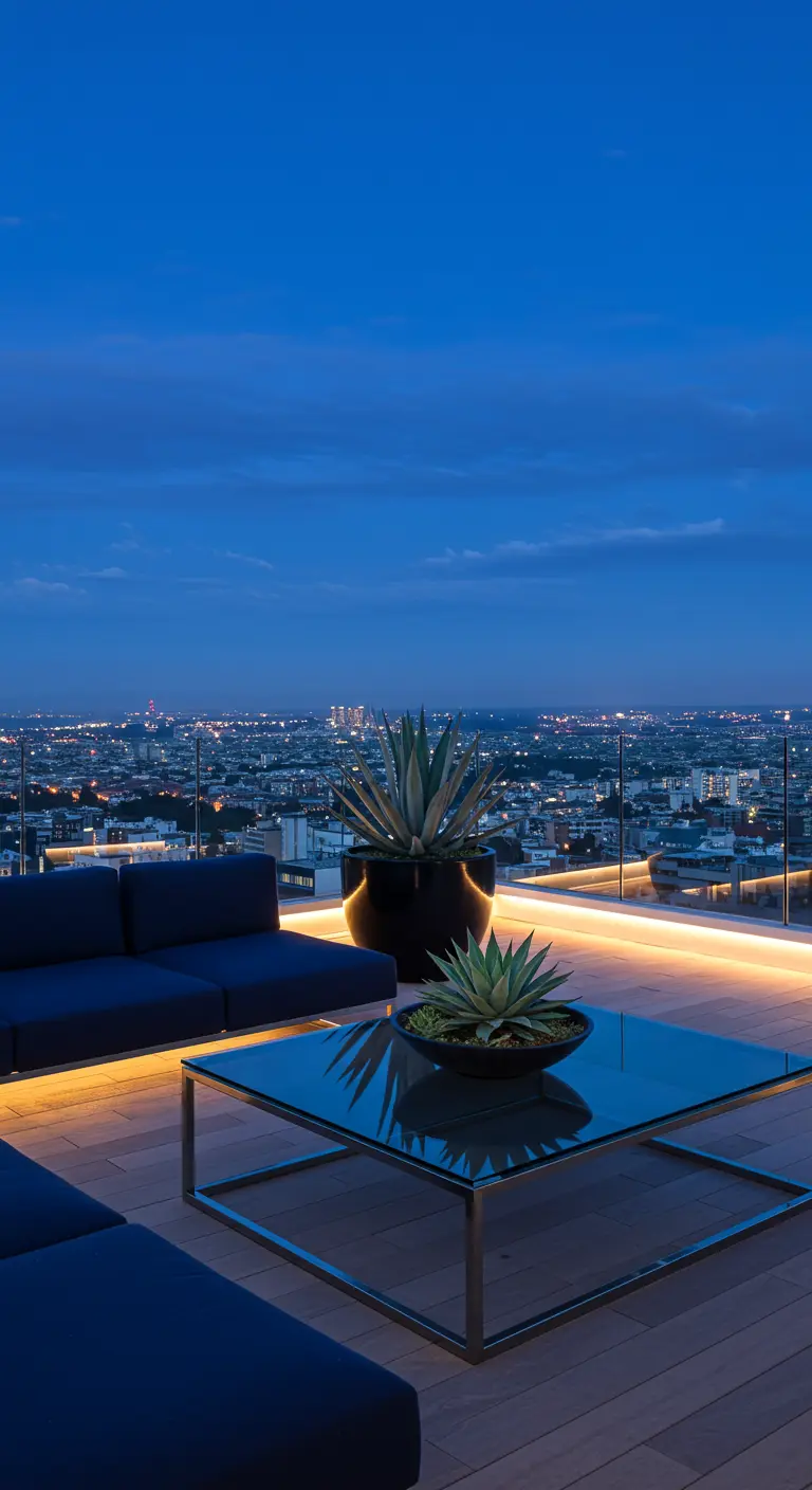 A modern rooftop patio at night with large Agave plants and a city view.