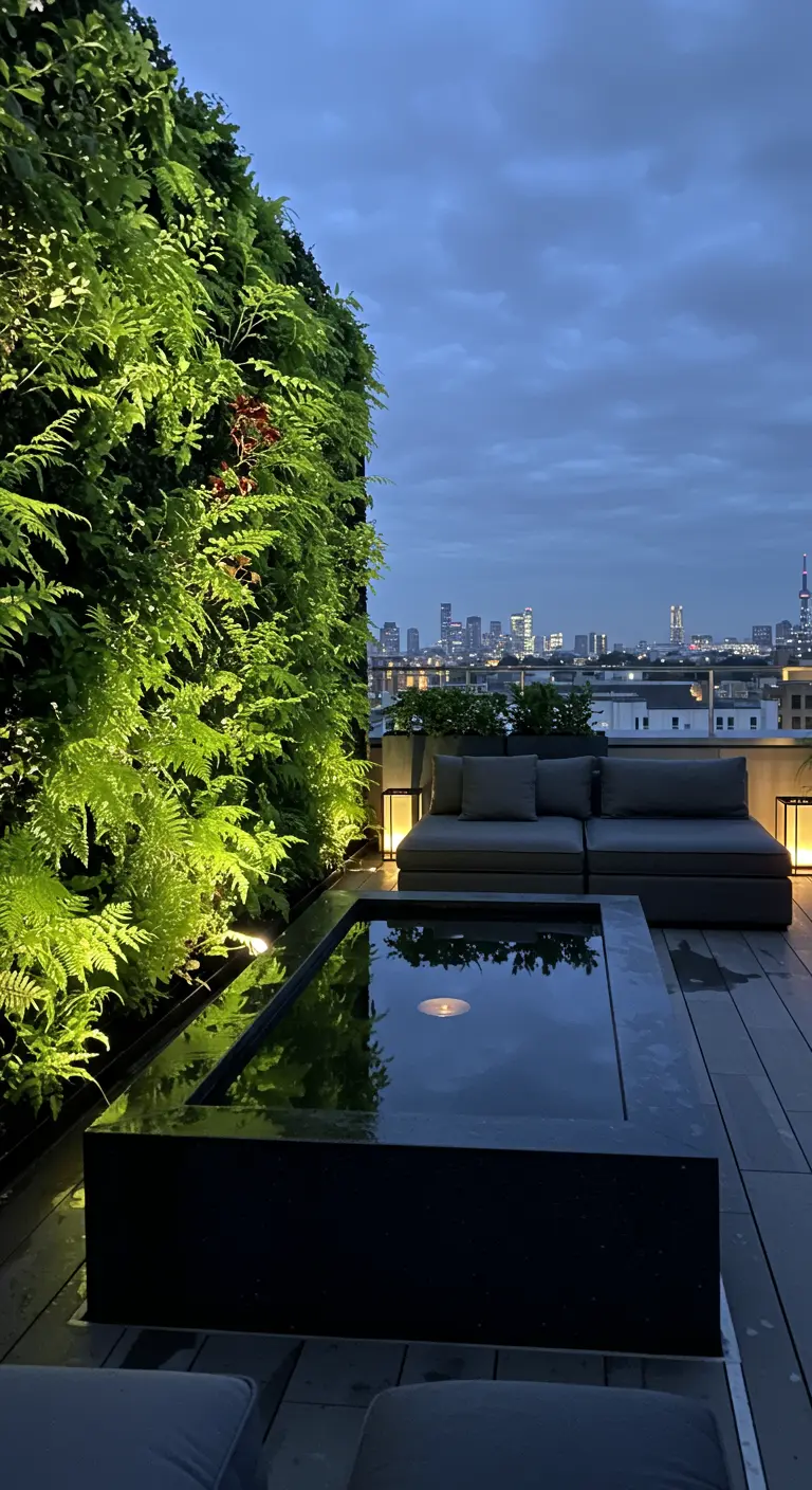 A rooftop terrace with a fern wall and a dark water feature reflecting the city skyline at dusk.