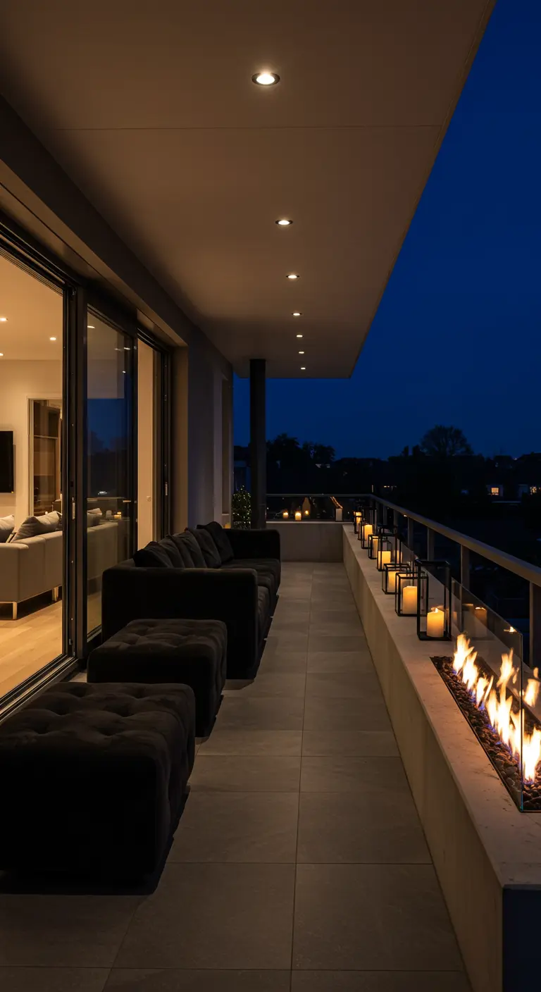 A long, modern balcony with a black sofa, ottomans, and a built-in linear gas fireplace.