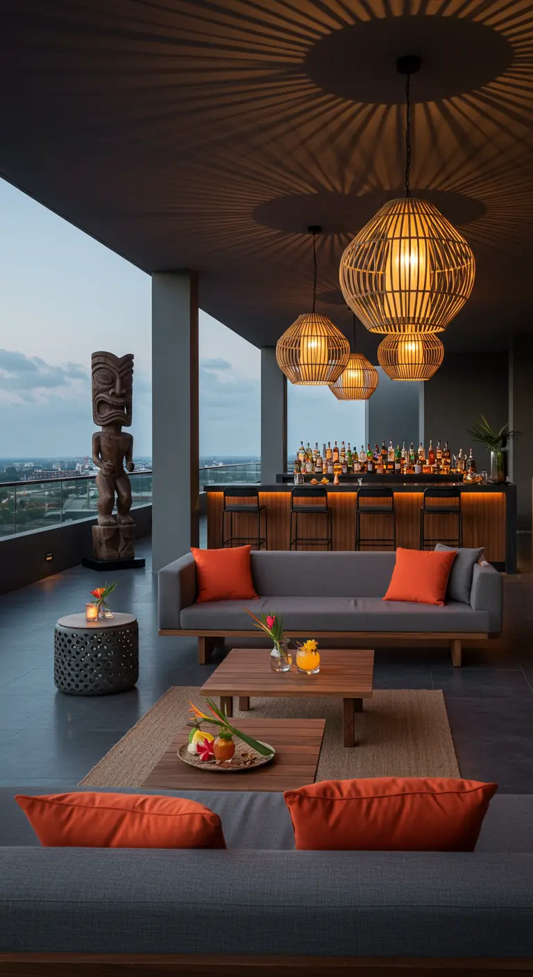 A modern rooftop lounge with minimalist furniture, tiki statue, and large woven pendant lights.