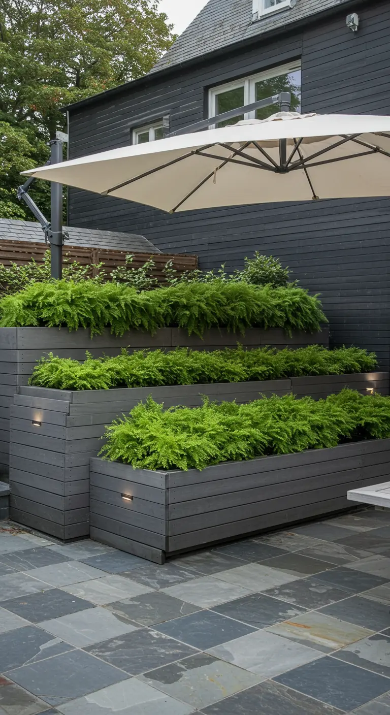 Modern, tiered dark grey planters filled with a uniform planting of green ferns on a slate patio.
