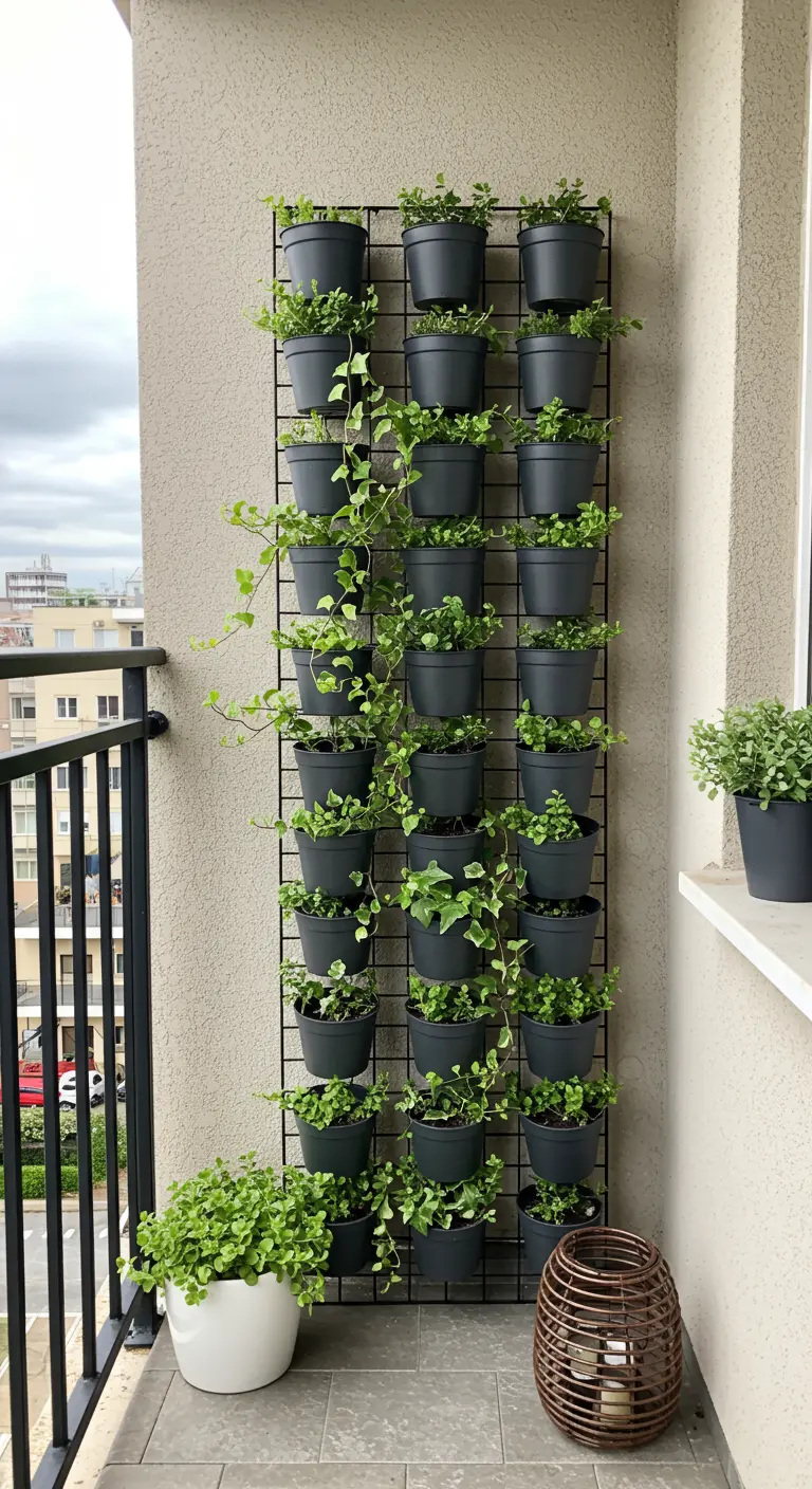 A tall, narrow black grid on a balcony, filled with small green plants.