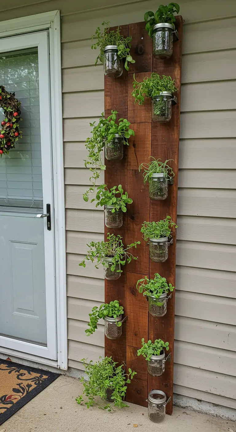 A tall, dark-stained wooden plank by a door holds a vertical arrangement of cascading herbs in jars.