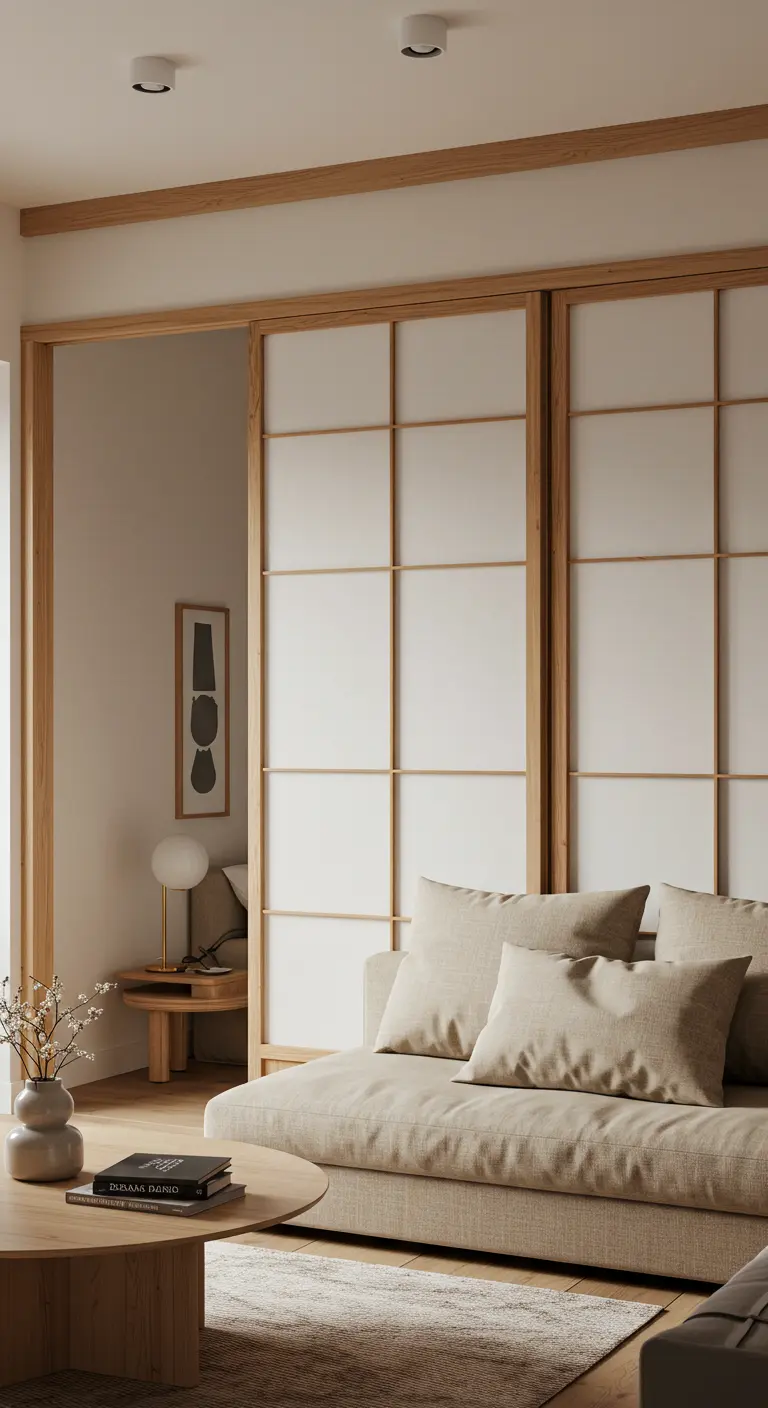 Japanese-style sliding shoji screens separating a bedroom from a neutral living area.