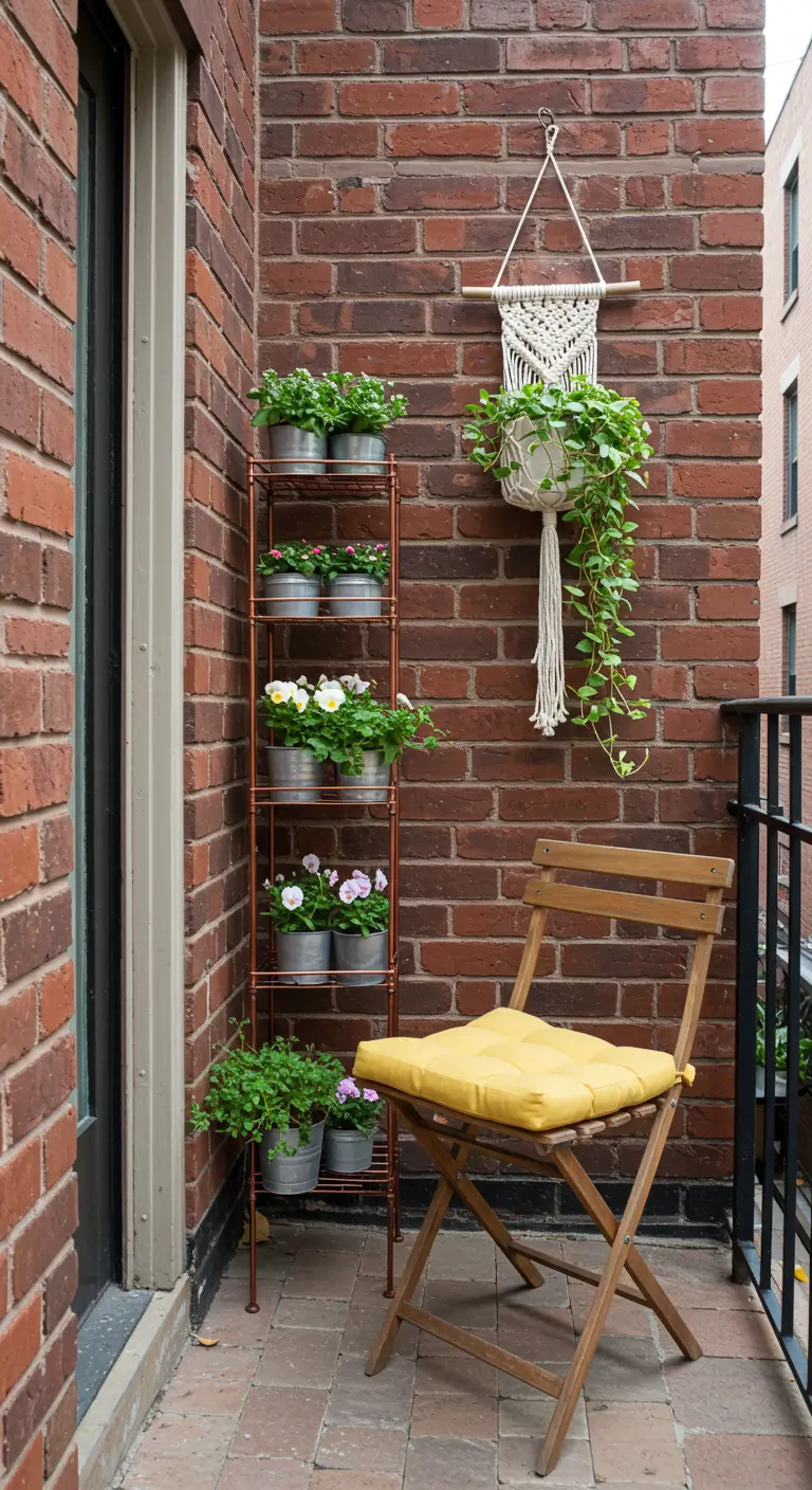 A tall, narrow metal plant stand on a small brick balcony.