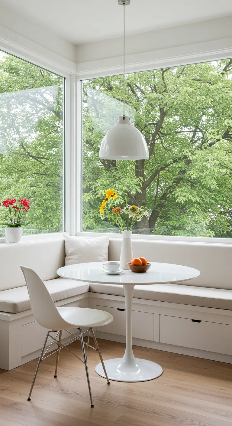 A bright breakfast nook with a white built-in banquette, a tulip table, and large windows.