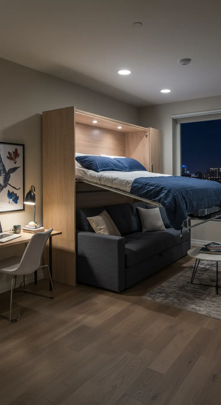 A Murphy bed shown halfway folded down over a gray sofa in a modern apartment.