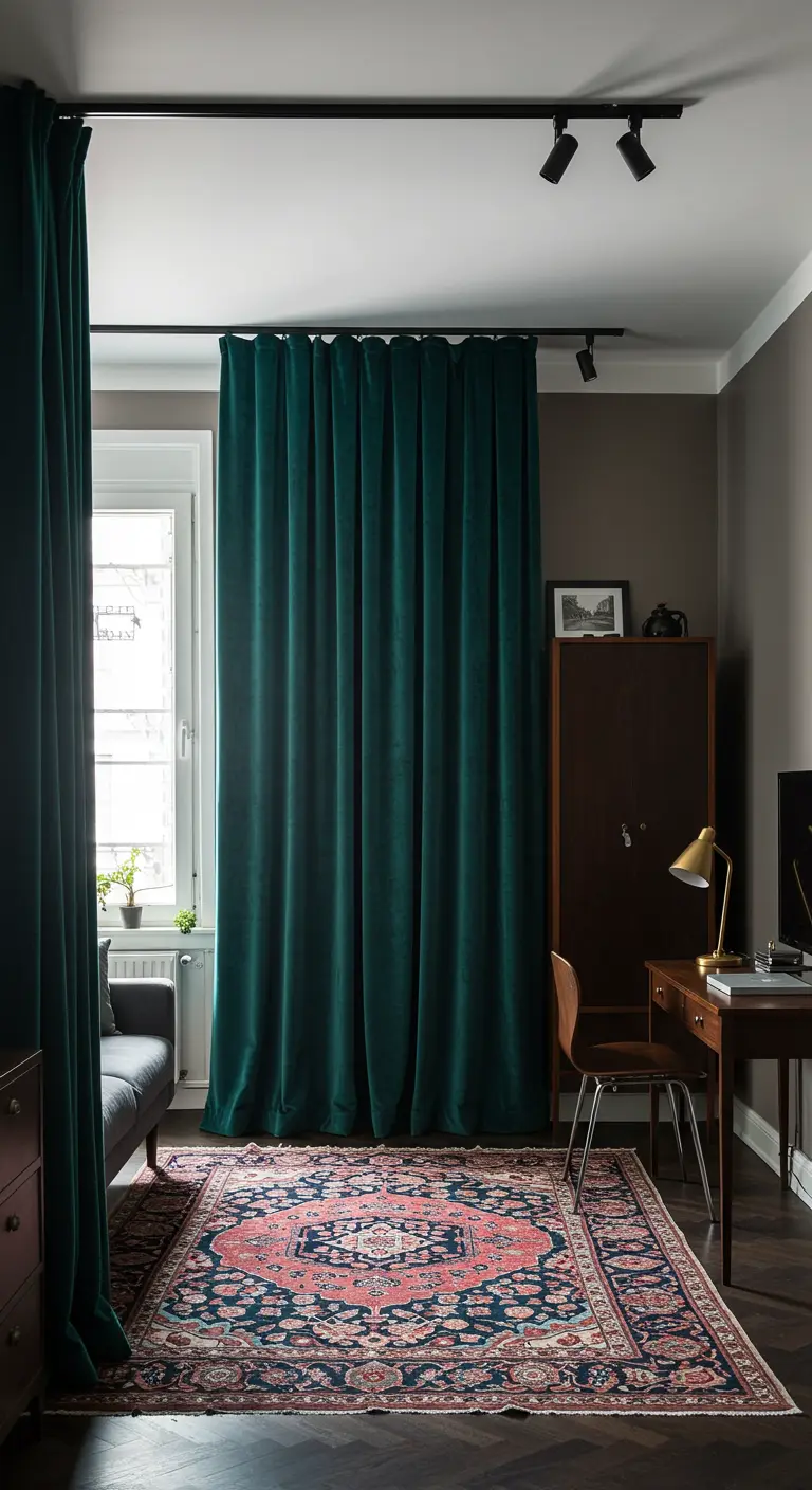 A heavy, dark green velvet curtain on a ceiling track divides a studio space.