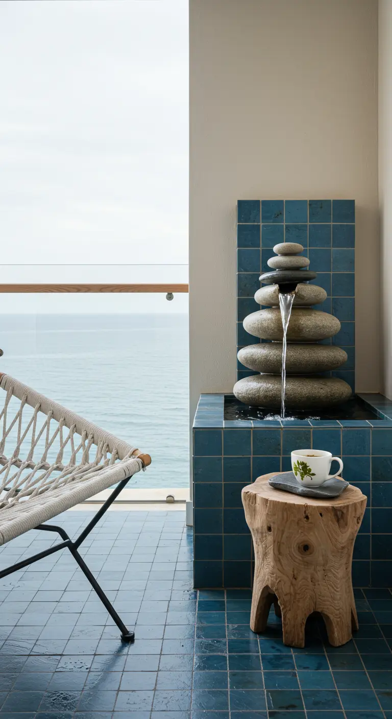 A small stacked-stone water fountain on a blue-tiled balcony next to a woven chair and driftwood table.