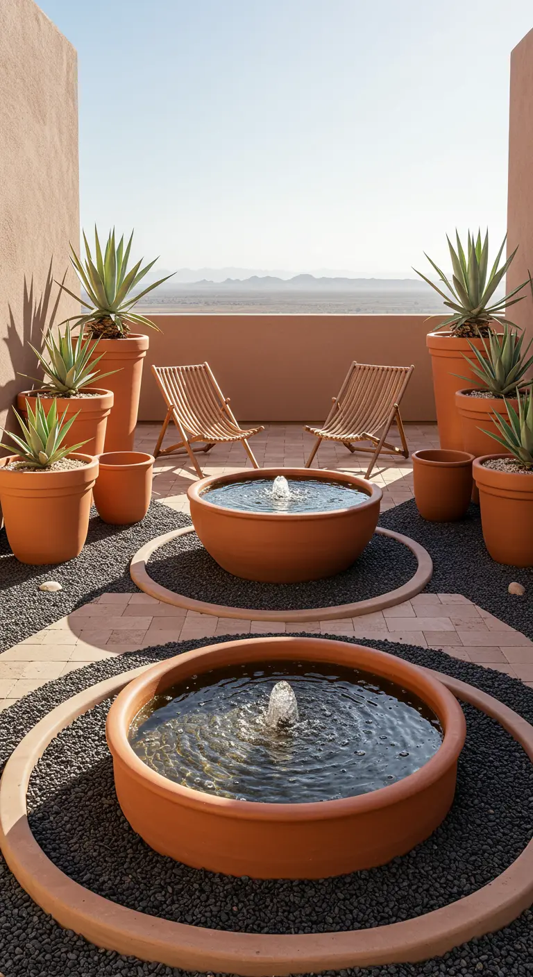 A desert-style patio with terracotta water fountains and agave plants.