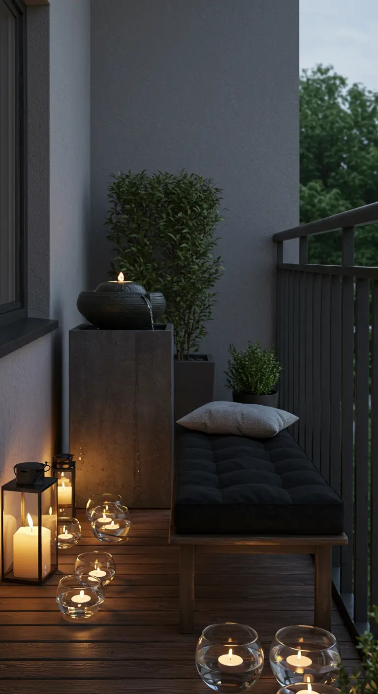 A balcony with a small, modern water feature, a black bench, and a collection of glowing candles.