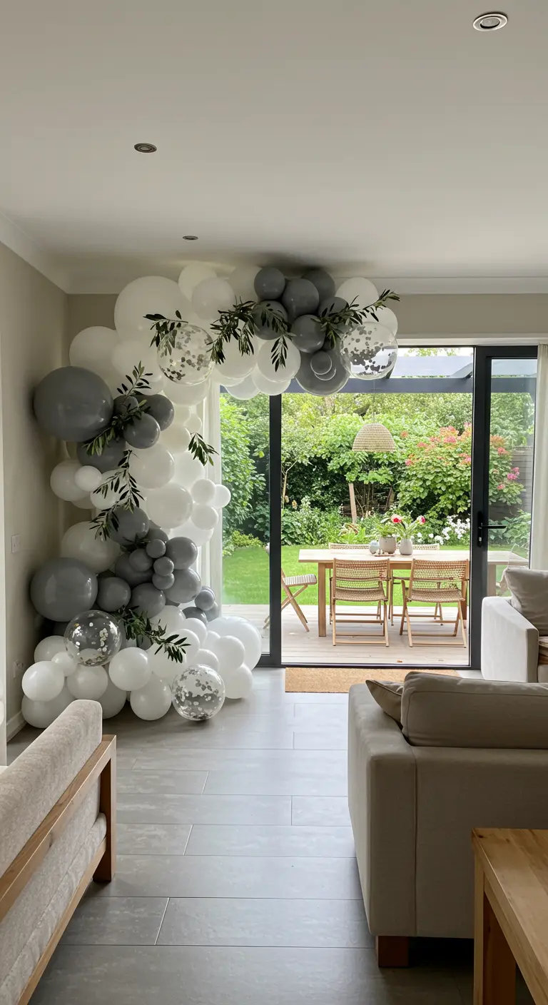 An elegant gray, white, and clear confetti balloon arch framing a doorway.