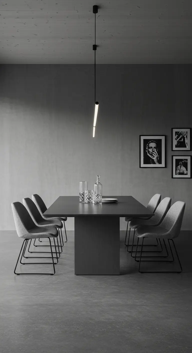 Monochromatic gray dining room with upholstered chairs and a single linear pendant light.
