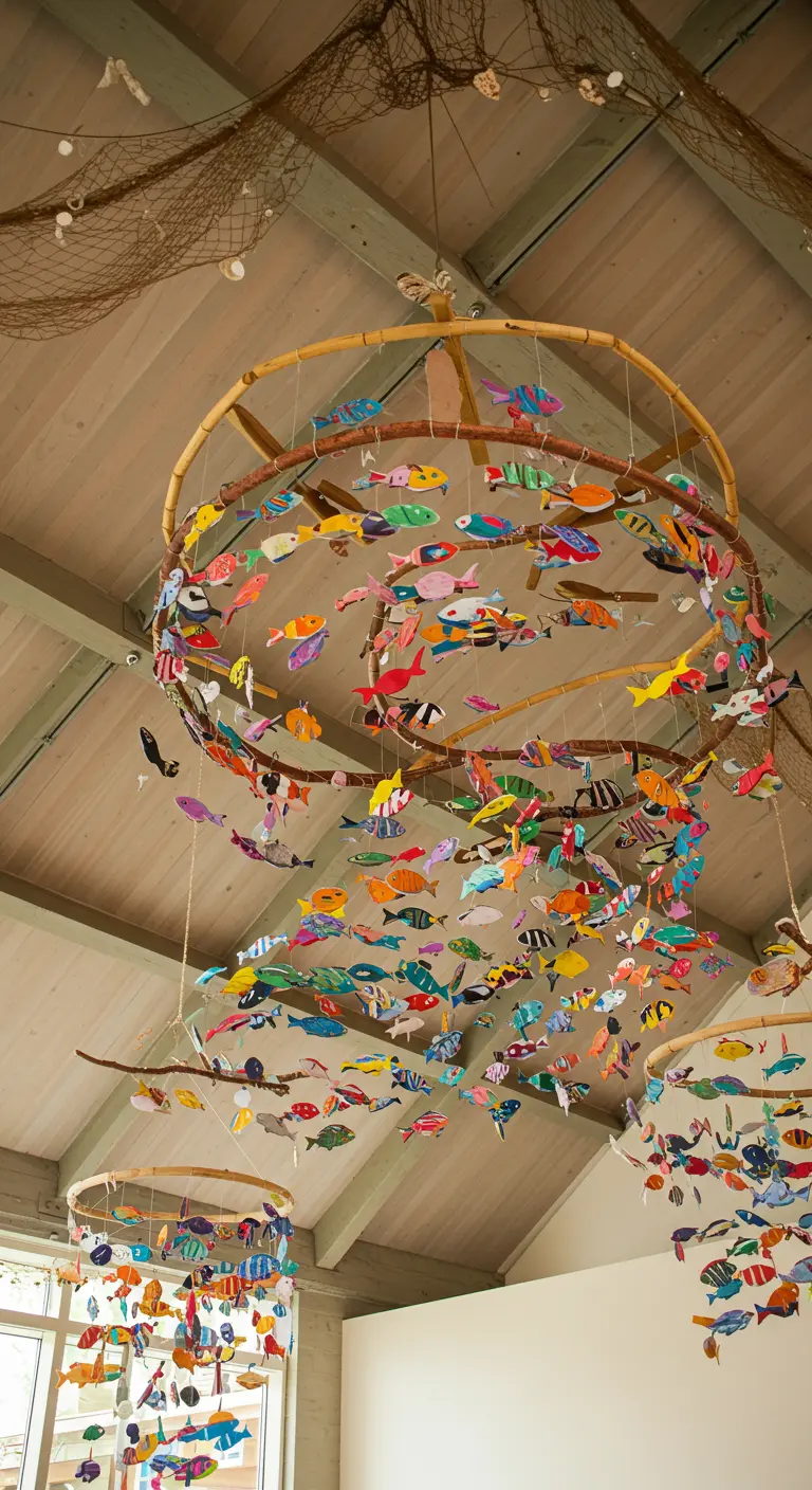 A large DIY chandelier made of wooden hoops and hundreds of colorful paper fish hanging from strings.