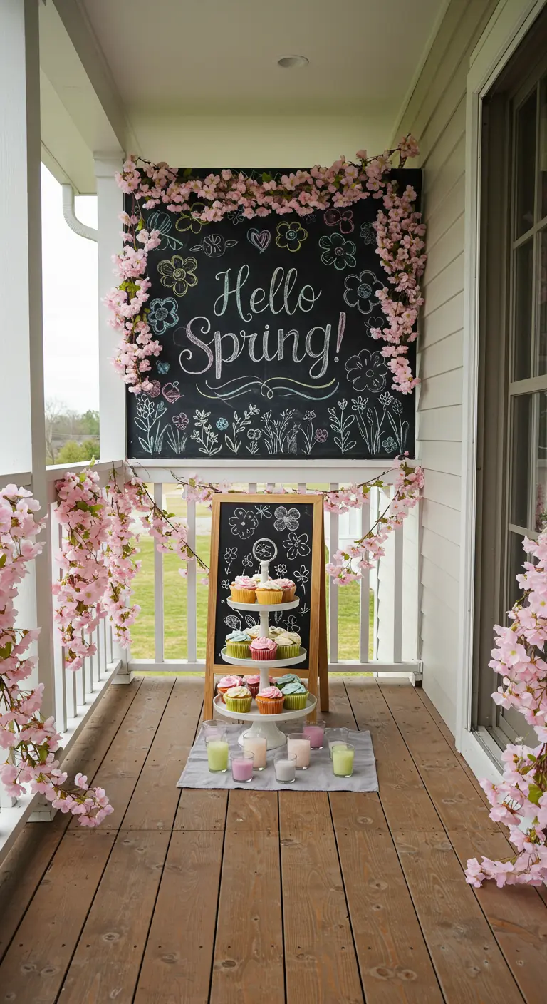 A balcony decorated for spring with cherry blossom garlands framing a large 'Hello Spring!' chalkboard.