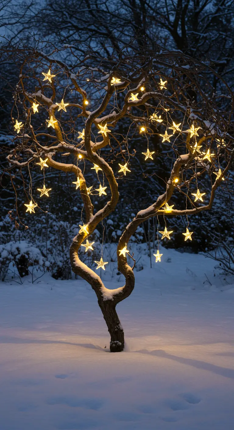 A bare, twisted tree in the snow adorned with cascading, star-shaped fairy lights.