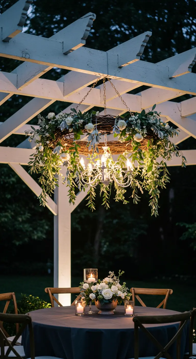 A floral chandelier made from a wreath and white flowers hanging from a white pergola at night.