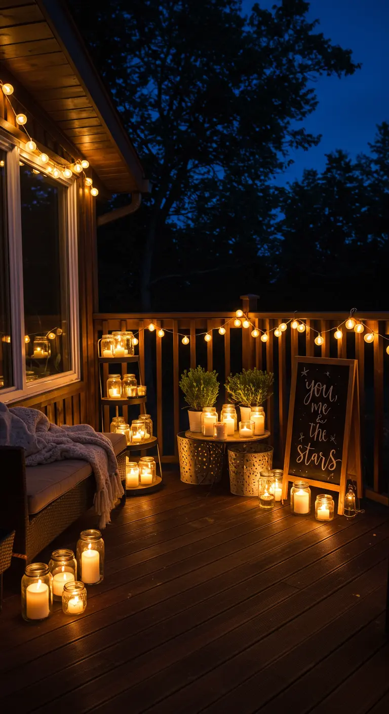 A balcony at night, illuminated by string lights and dozens of candles in jars, with a cozy seat and a chalkboard sign.