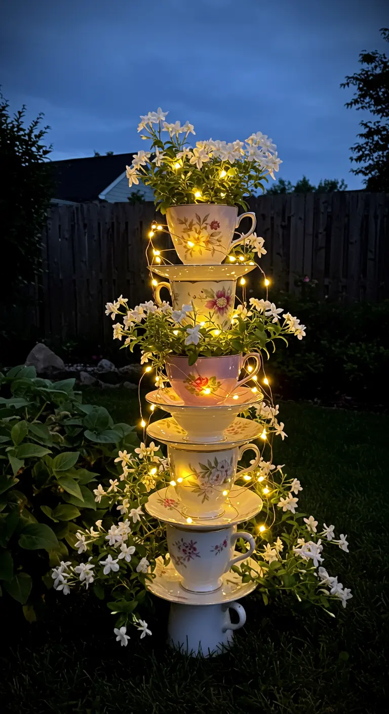 A floral teacup tower with white flowers, glowing with intertwined fairy lights at night.