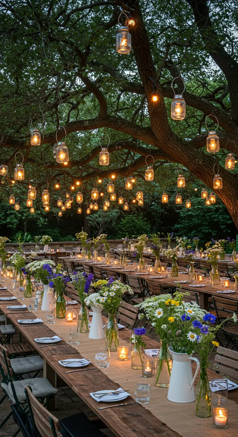 Long wooden tables under a tree with hanging mason jar lanterns and wildflower vases.