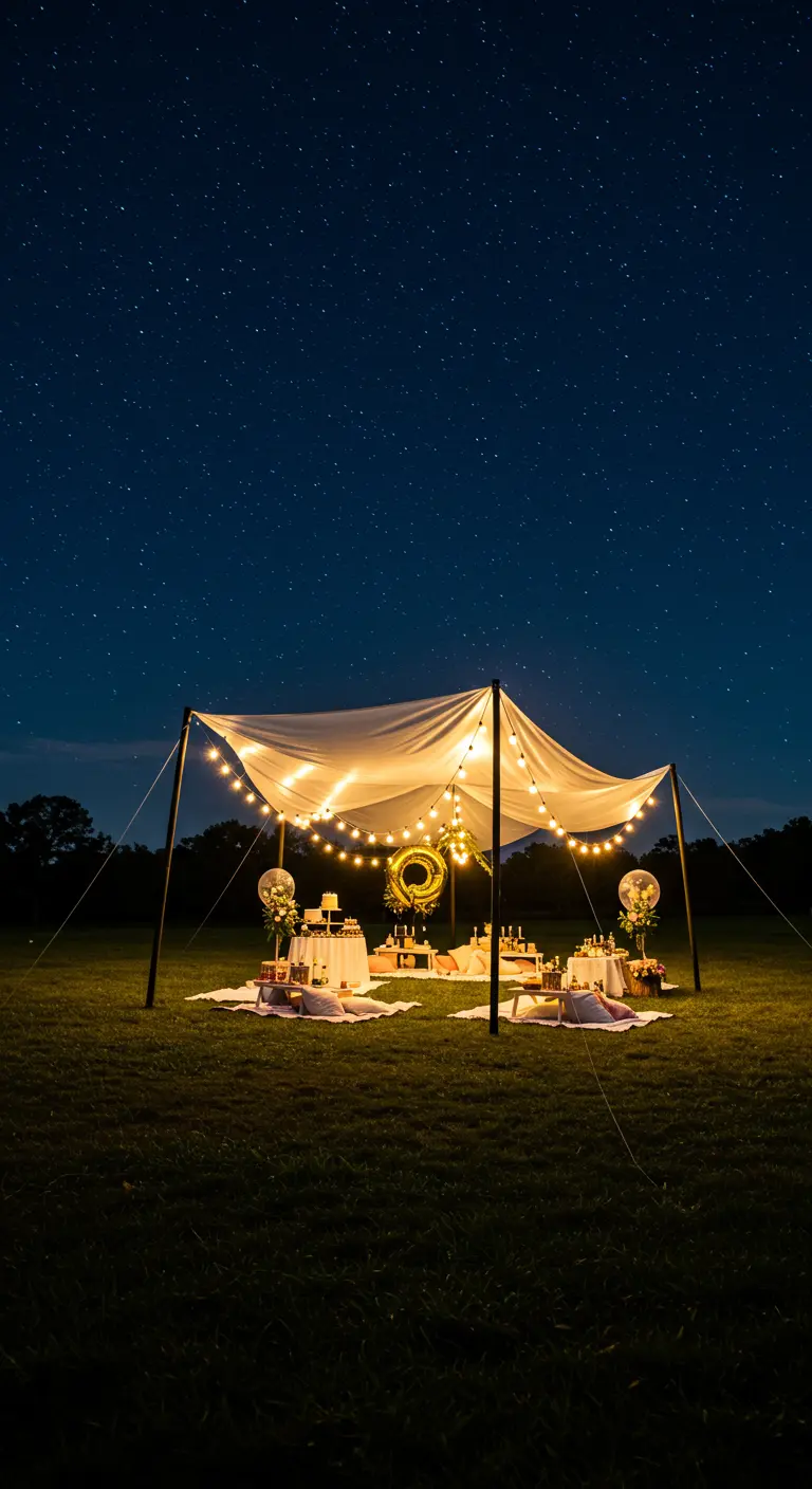 A simple canopy tent lit with string lights in a field at night, set for a birthday picnic.