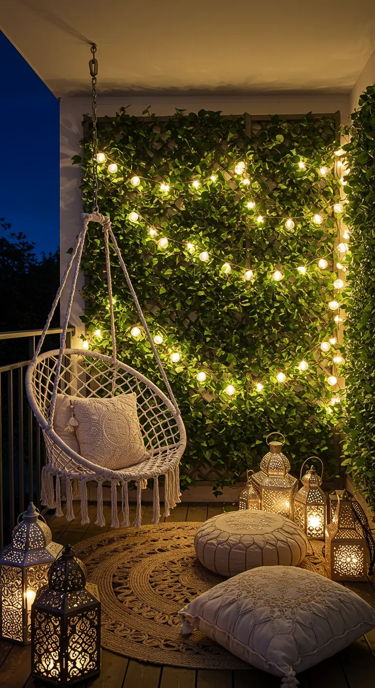 A balcony at night with an ivy-covered wall lit by dozens of globe lights and Moroccan lanterns.
