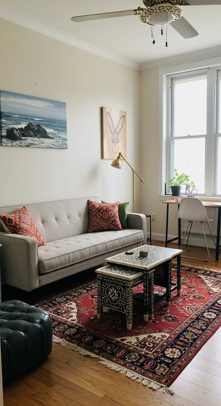 A living room with a neutral sofa and ornate, black-and-white patterned nesting tables.