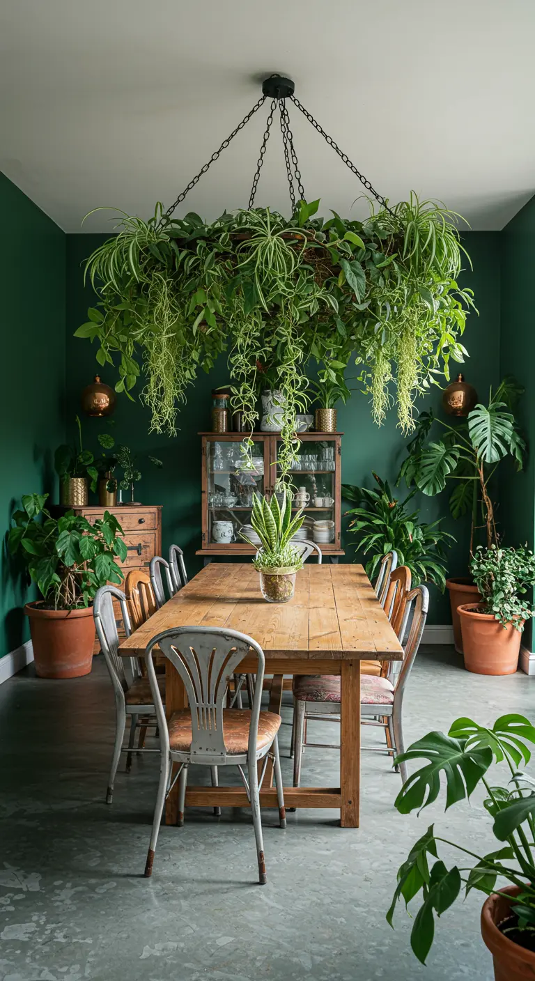 Moody green dining room with a large, rectangular plant chandelier hanging over a wooden table.
