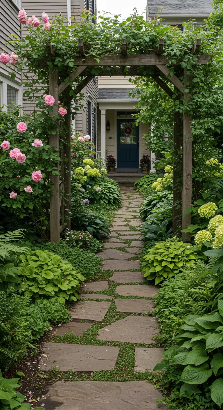 A romantic wooden arbor covered in pink roses over a stone path.