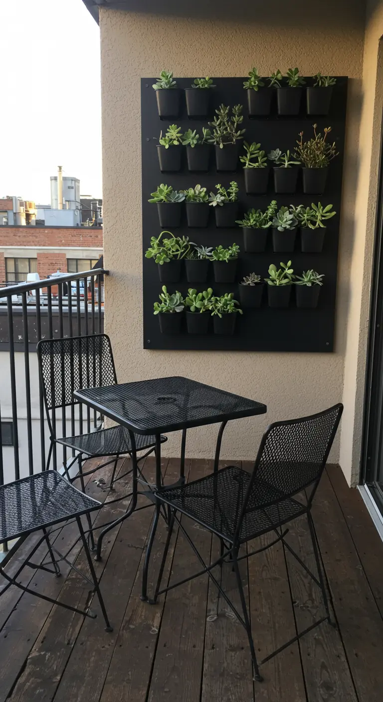 A black wall-mounted vertical planter filled with various succulents above a black metal dining set.