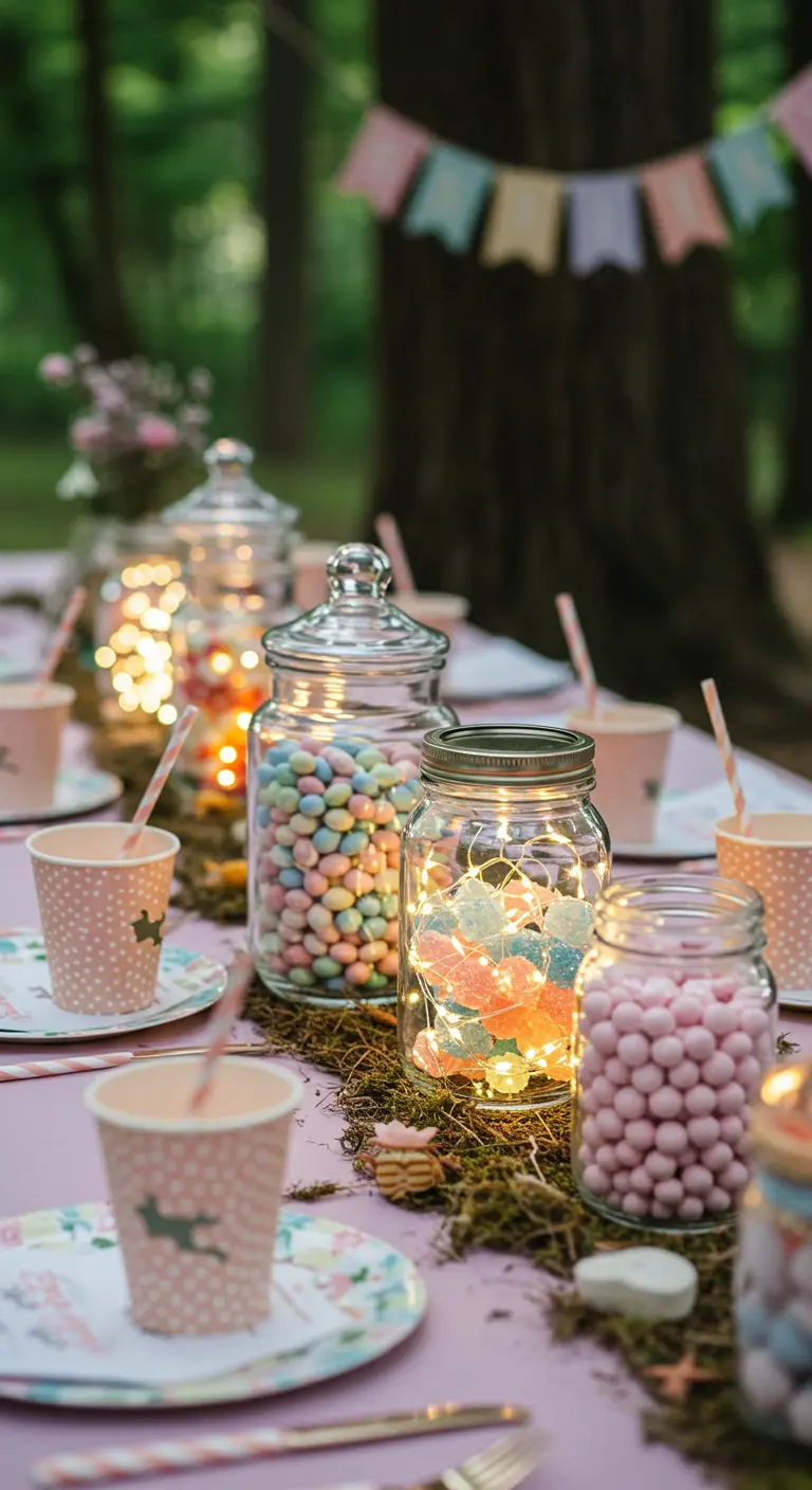 Mason jars filled with candy and fairy lights on a pink woodland-themed table.