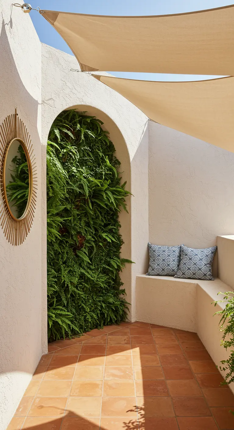 A Mediterranean-style patio nook with a living wall, built-in bench, and a gold sunburst mirror.