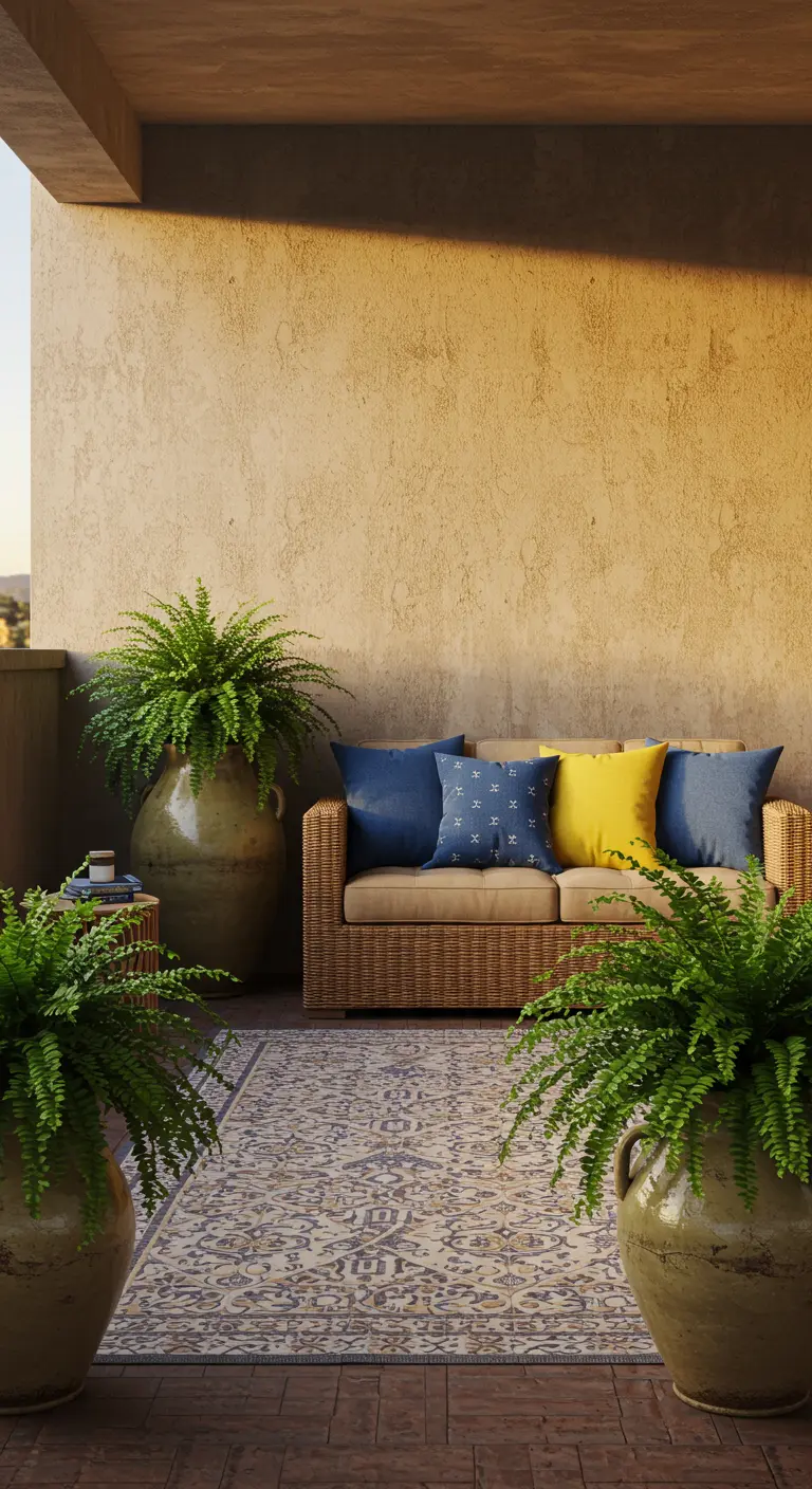 A compact rattan loveseat with blue and yellow pillows on a sunny balcony.