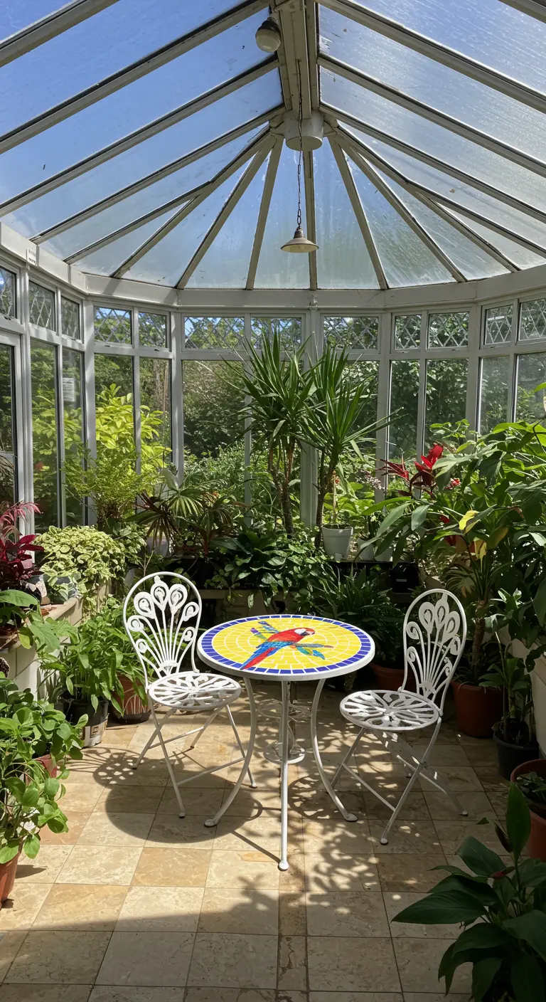 White bistro set with a colorful parrot mosaic tabletop inside a glass conservatory filled with plants.