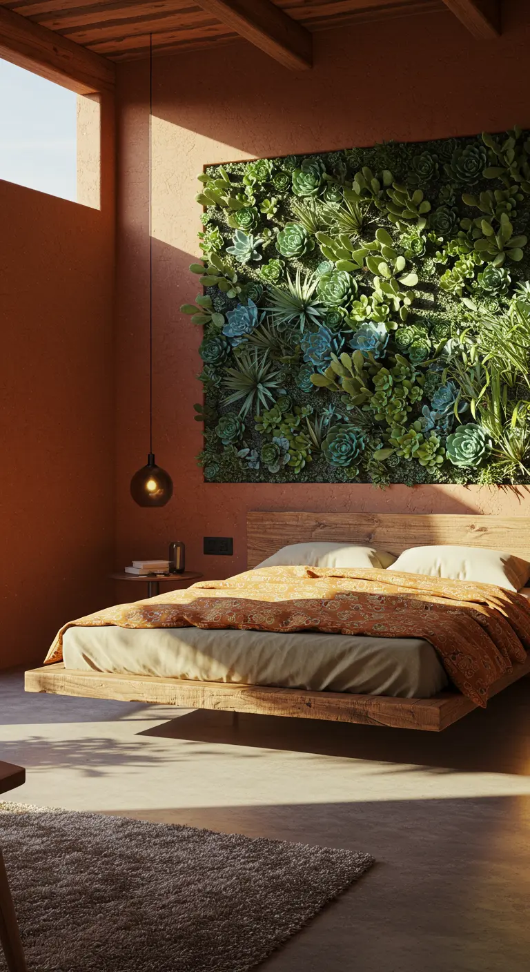 A bedroom with terracotta walls and a large living wall of assorted succulents.