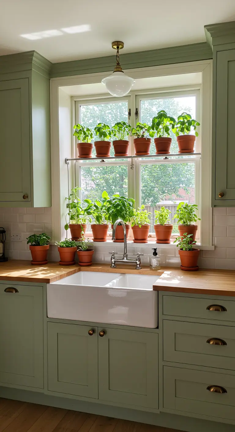Kitchen sink window with two rows of shelves holding a variety of herbs in terracotta pots.