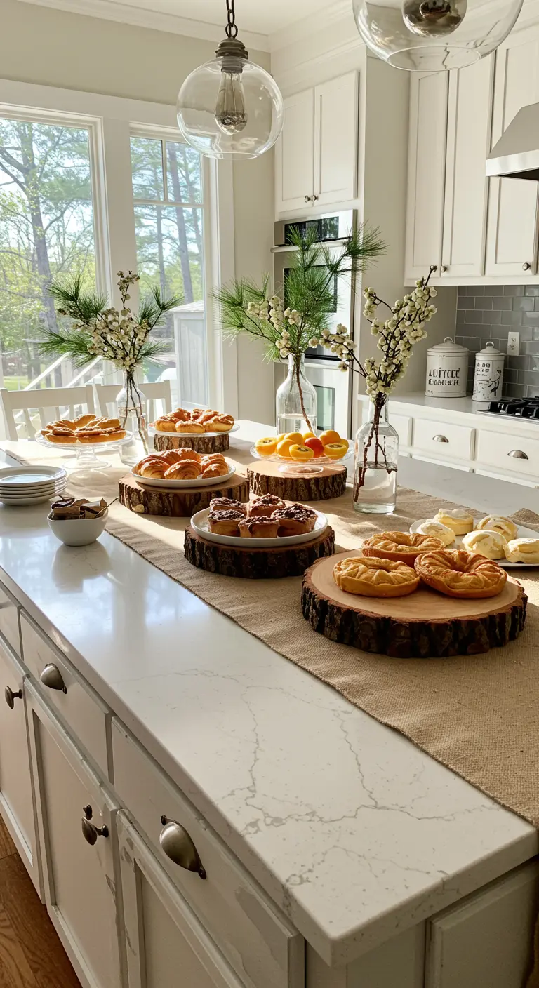 Modern kitchen island with a brunch buffet served on wood slices over a burlap runner.