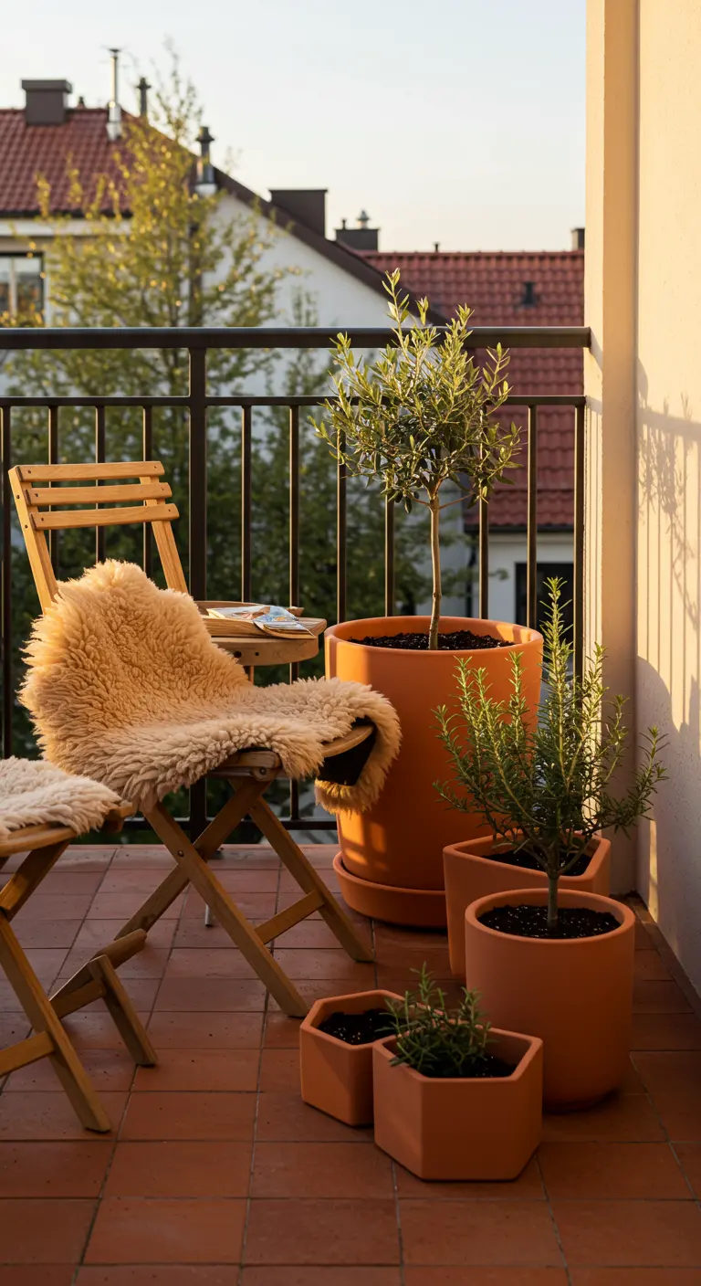 A sunny balcony with an olive tree and rosemary in terracotta pots of various sizes.