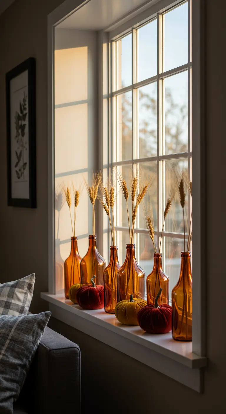 Windowsill decorated with a line of amber bottles, wheat, and velvet pumpkins.