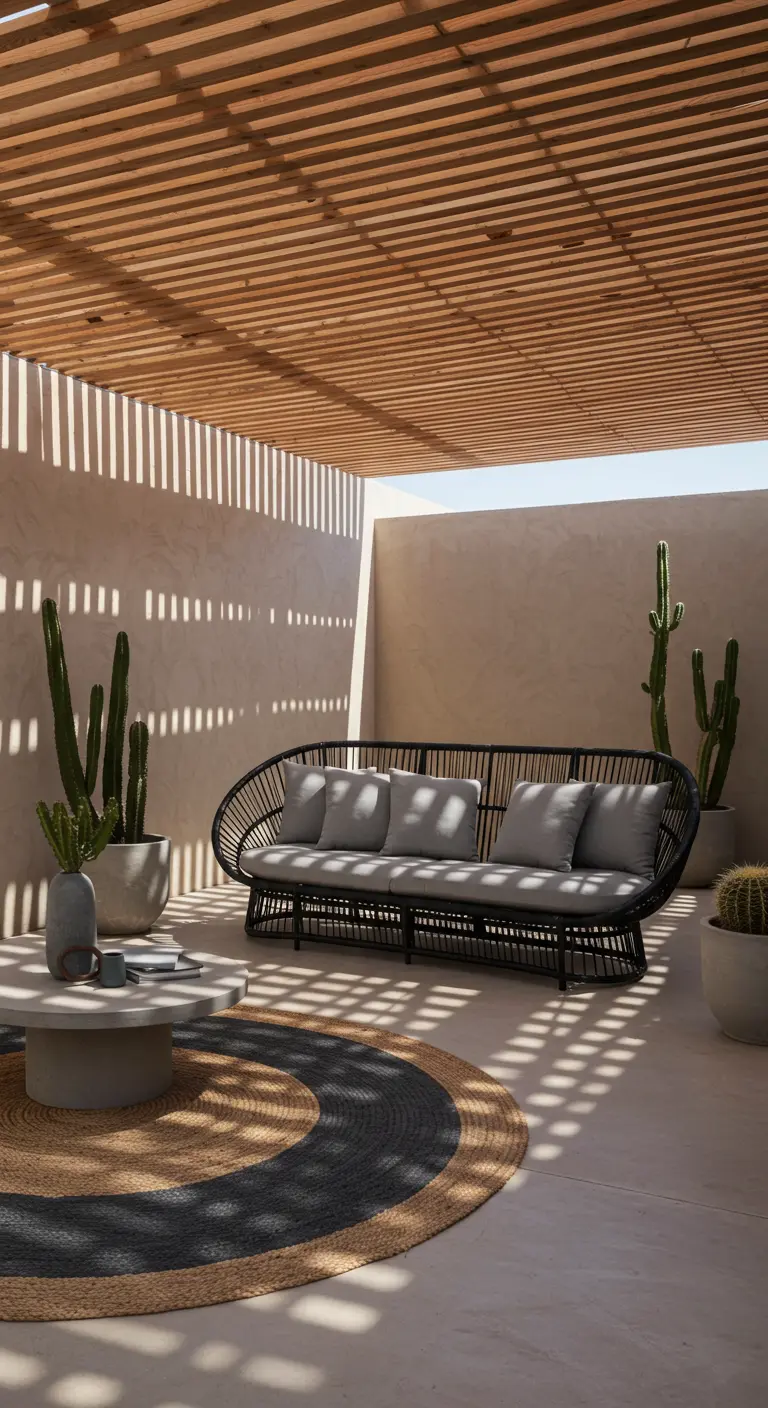 A modern black rattan sofa on a striped jute rug under a slatted wooden canopy.
