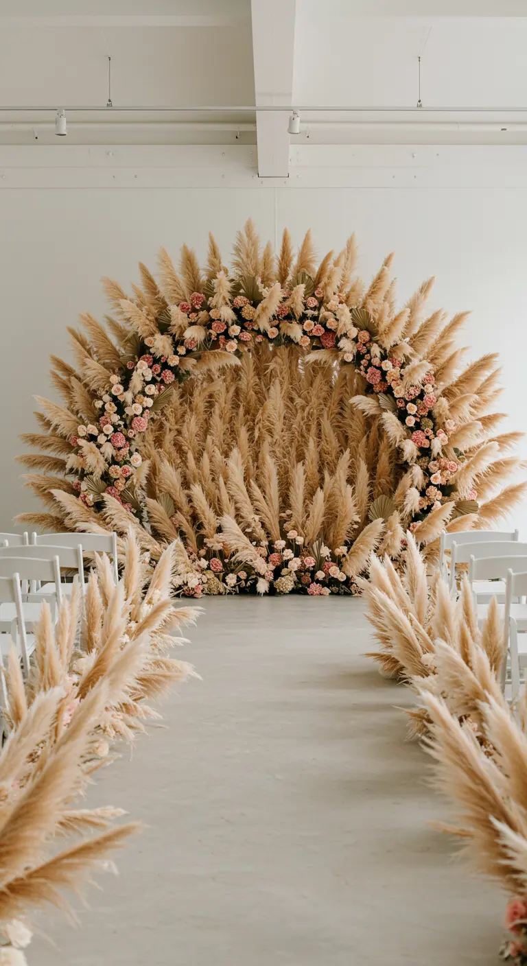 A dramatic circular wedding arch made entirely of pampas grass with roses.