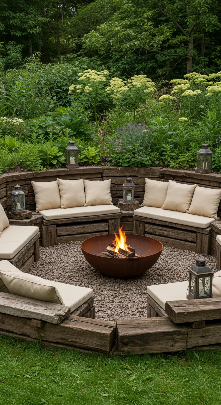 A circular fire pit surrounded by rustic wooden benches and lanterns in a garden.