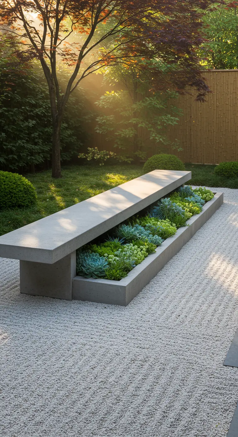 A long, minimalist concrete bench in a zen garden with raked gravel and a recessed succulent planter.