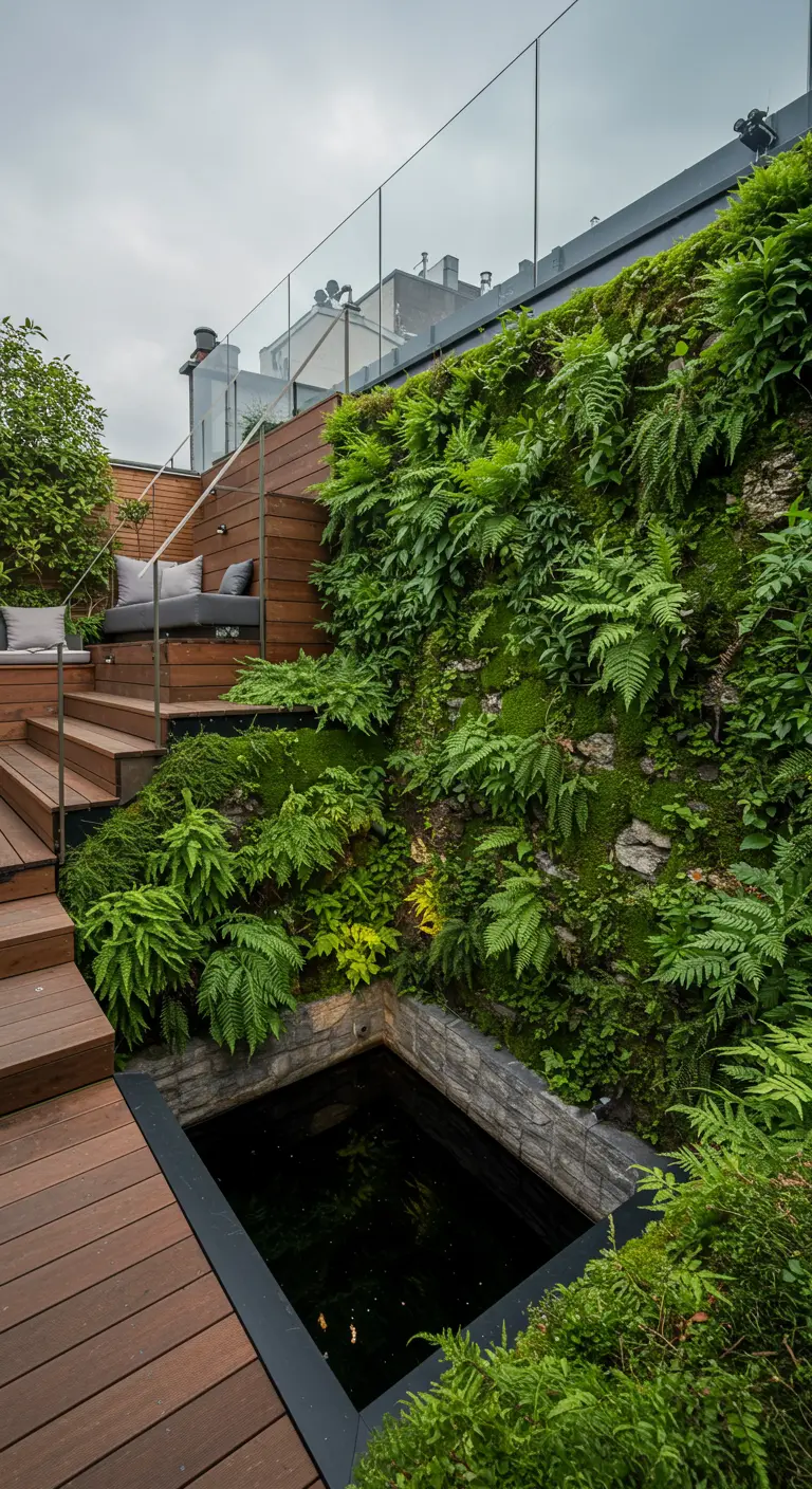 A multi-level wooden deck with a sunken dark water pool next to a lush moss and fern wall.