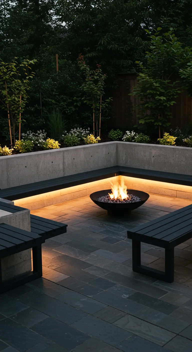 A sunken patio with built-in black benches lit from underneath and a central fire pit.