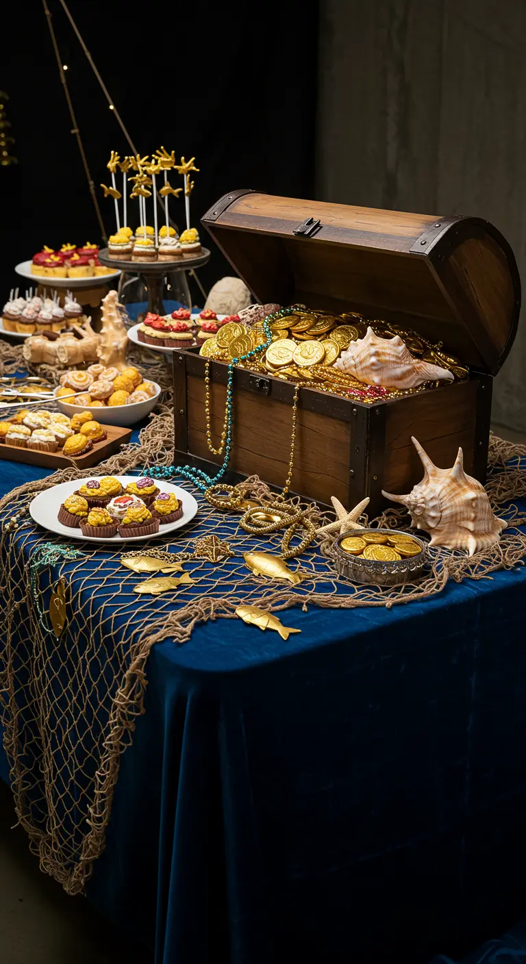 Wooden treasure chest on a blue tablecloth, overflowing with gold coins, beads, and seashells.