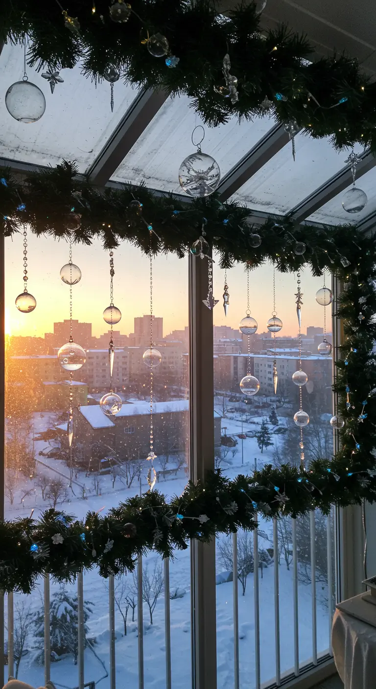 Enclosed balcony with garlands framing the windows and baubles catching the sunrise.