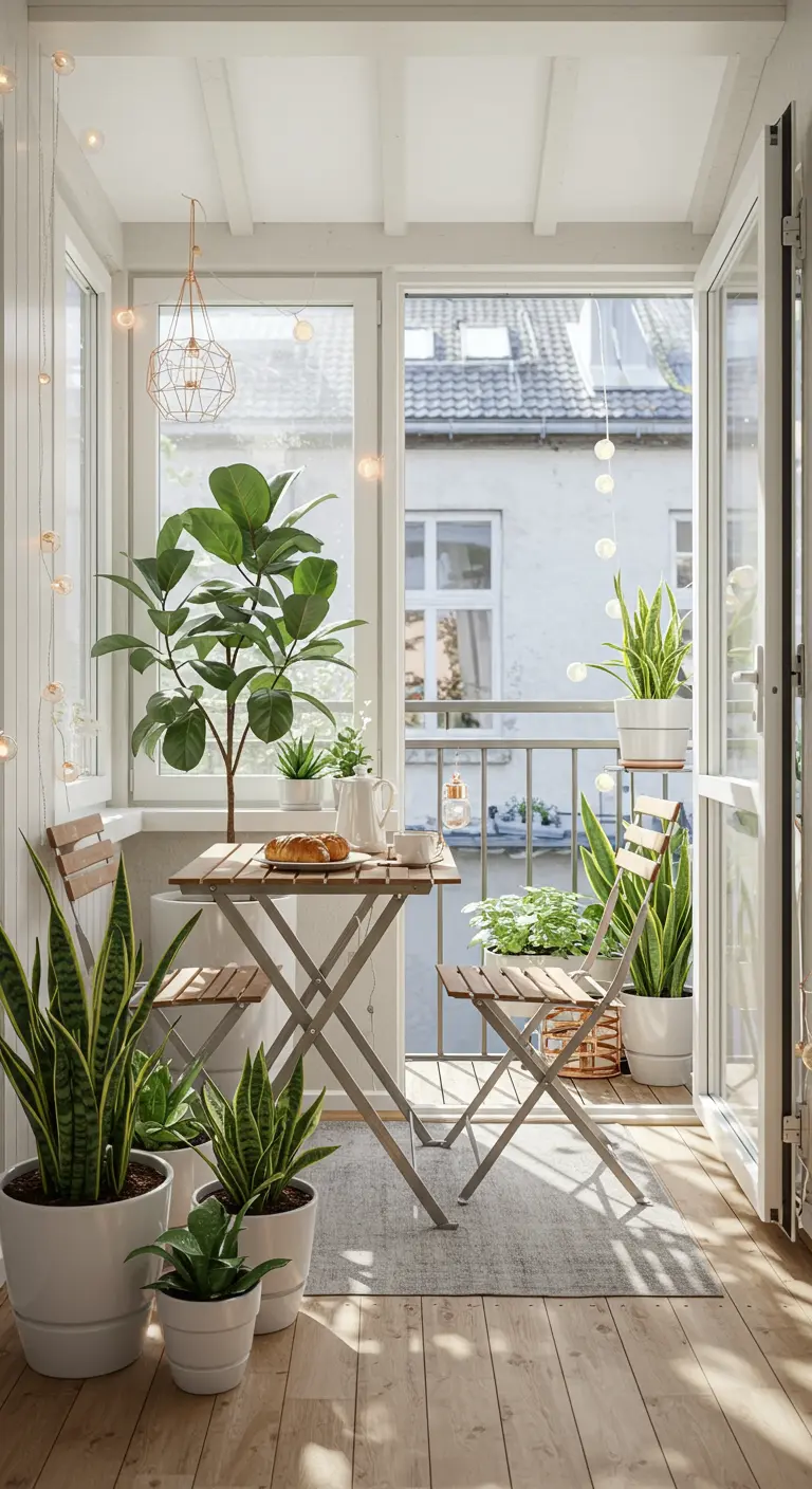 A bright, airy sunroom with white planters, snake plants, and a simple bistro set.